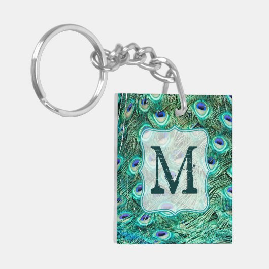 ピーコックバードフェザーティール(緑がかった色)ターコイズヴィントキーチェーン キーホルダー (正面左)