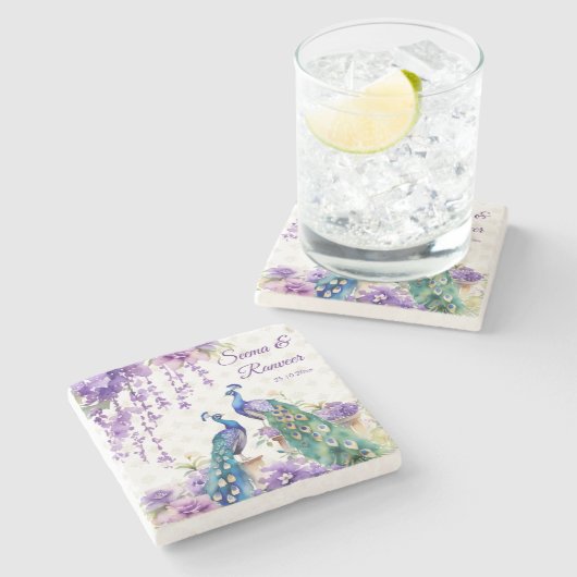 ピーコックパープルインディアン結婚式の引き出物ギフト ストーンコースター (横)