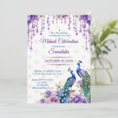 ピーコックパープルフラワーメンディインディアン結婚ズ 招待状 (スタンド正面)