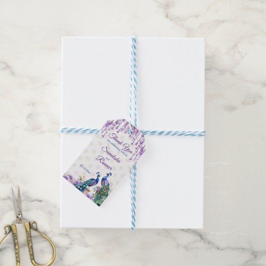 ピーコックパープルフラワーメンディインディアン結婚式の引き出物 ギフトタグ (より糸付き)