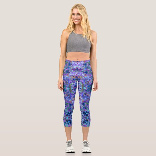 ピーコックパープル、ブルーとグリーンのマーリールギン カプリレギンス (正面)