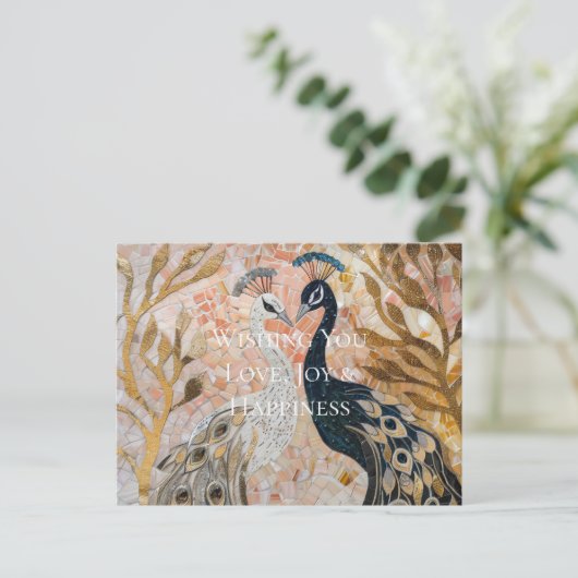 ピーコックピかわいらしンク金ゴールドクリスマス ポストカード (スタンド正面)