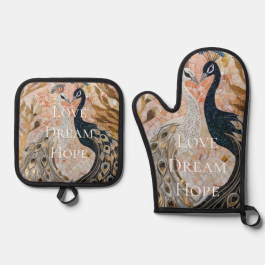 ピーコックピかわいらしンク金ゴールドグラム 鍋つかみ&鍋敷きセット (正面)