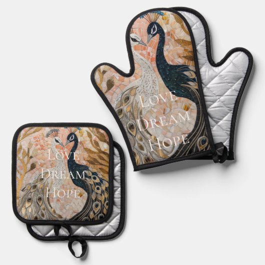 ピーコックピかわいらしンク金ゴールドグラム 鍋つかみ&鍋敷きセット (正面/裏面)
