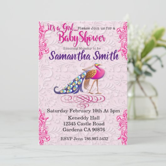 ピーコックピンクフローラ赤ちゃんシャワー招待 招待状 (スタンド正面)