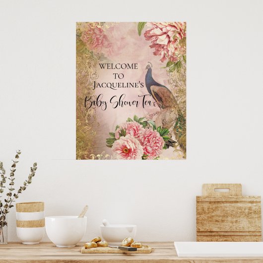 ピーコックピーニーフローラ赤面ピンク金ゴールドデコップティ ポスター (キッチン)