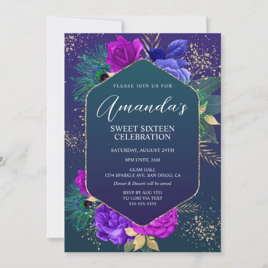 ピーコックフェザーとフローラ誕生日招待状 招待状 (正面)