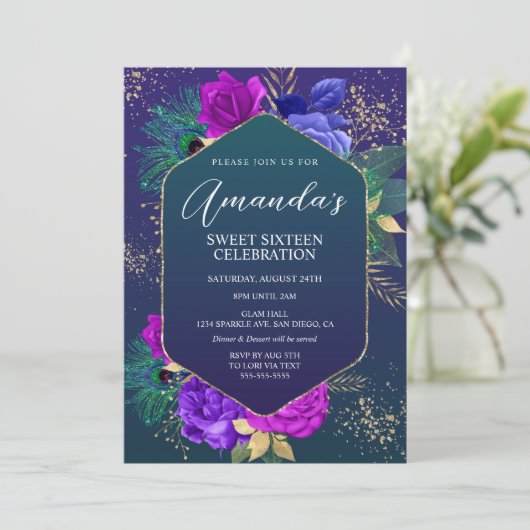 ピーコックフェザーとフローラ誕生日招待状 招待状 (スタンド正面)