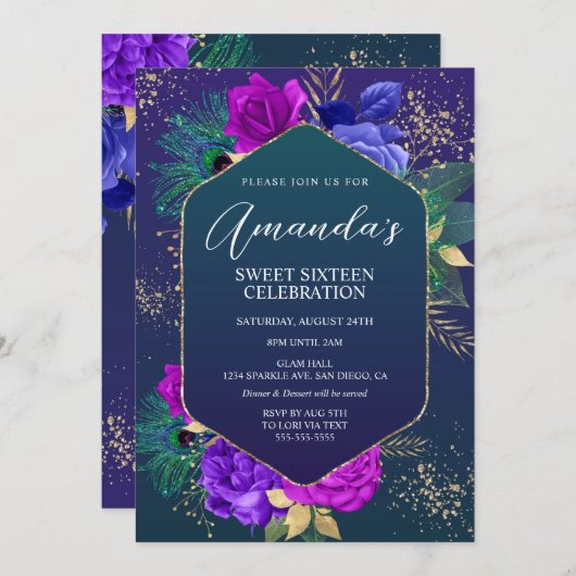 ピーコックフェザーとフローラ誕生日招待状 招待状 (正面/裏面)