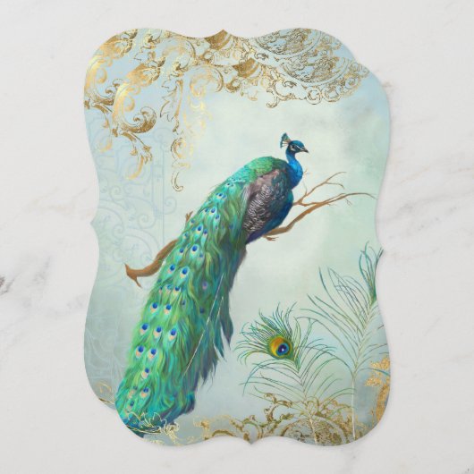 ピーコックフェザーエレガント金ゴールドアクア結婚ブルー 招待状 (正面/裏面)