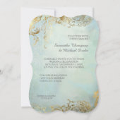 ピーコックフェザーエレガント金ゴールドアクア結婚ブルー 招待状 (裏面)