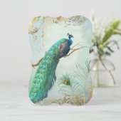 ピーコックフェザーエレガント金ゴールドアクア結婚ブルー 招待状 (スタンド正面)