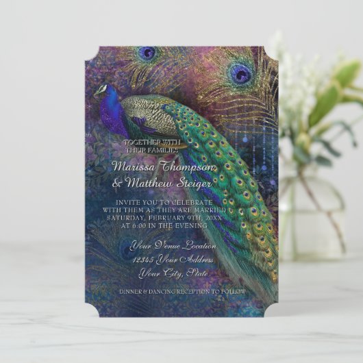 ピーコックフェザーエレガント金ゴールド冬の結婚式 招待状 (スタンド正面)