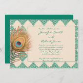 ピーコックフェザーオンティール（緑がかった色）タイル結婚式招待状 招待状 (正面/裏面)