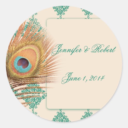 ピーコックフェザーオンティール（緑がかった色）モロッコ封筒用シール ラウンドシール (正面)