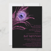 ピーコックフェザーグリッターピンクバルミツワーロゴ 招待状 (正面)