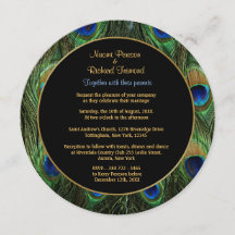 ピーコックフェザーグリーン結婚式招待状ラウンド