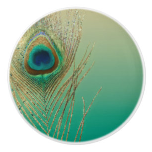 ピーコックフェザーサンドアンドティール（緑がかった色）ボホグラムエレガント セラミックノブ