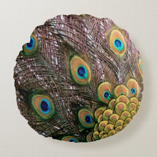 ピーコックフェザーズエメラルドグリーンと金ゴールド ラウンドクッション (正面)