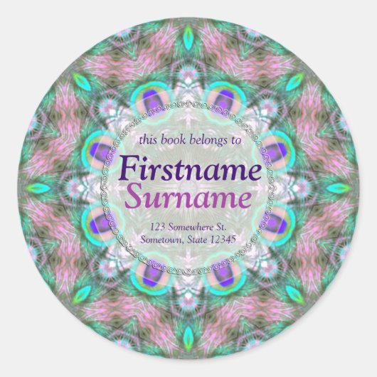 ピーコックフェザーズジオメトリックマンダラ蔵書票 ラウンドシール (正面)