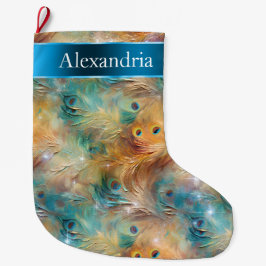 ピーコックフェザーズブルー金ゴールドクリスマス名 ラージクリスマスストッキング