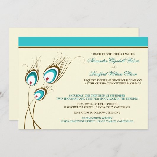 ピーコックフェザーズ結婚式招待状（アクア） 招待状 (正面/裏面)