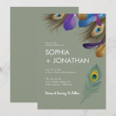 ピーコックフェザーセージグリーン結婚ズシモダンック 招待状 (正面/裏面)