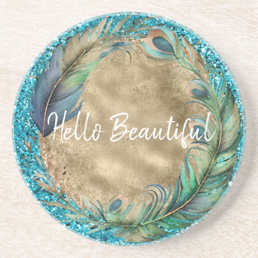 ピーコックフェザーターコイズブルーグリッター コースター (正面)