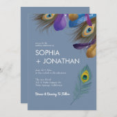 ピーコックフェザーダスティブルーズシ結婚ックモダンシック 招待状 (正面/裏面)