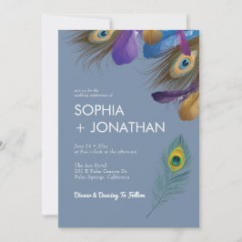 ピーコックフェザーダスティブルーズシ結婚ックモダンシック 招待状