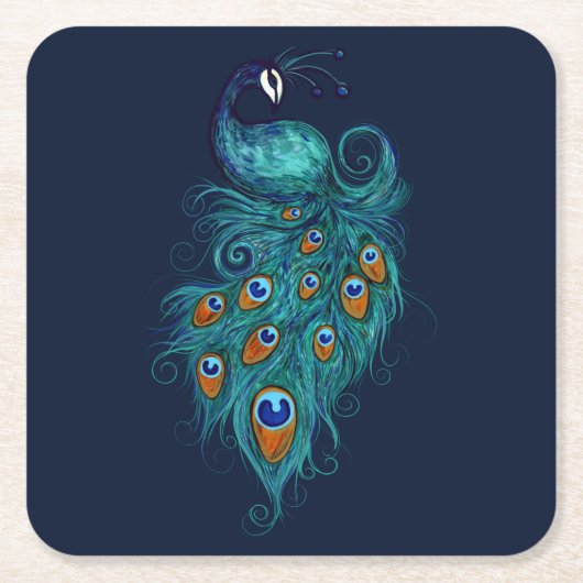 ピーコックフェザーティール（緑がかった色）ピーコック スクエアペーパーコースター (正面)