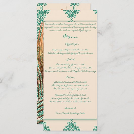 ピーコックフェザーティール（緑がかった色）モロッコタイル結婚のメニュー メニュー (正面/裏面)