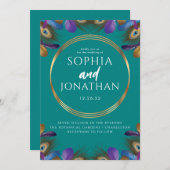 ピーコックフェザーティール（緑がかった色）結婚グリーンズシモダンック 招待状 (正面/裏面)