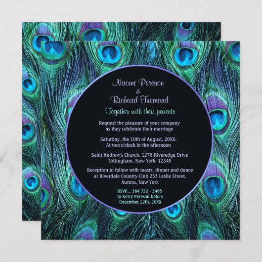 ピーコックフェザードラマ – 結婚式招待状スクエア 招待状 (正面/裏面)