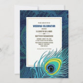 ピーコックフェザーネイビーブルー結婚金ゴールド 招待状 (正面)