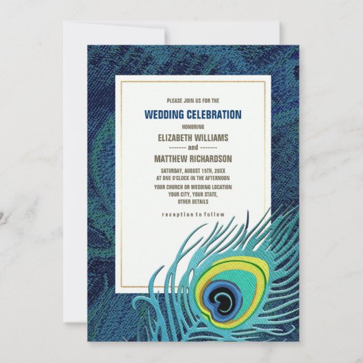 ピーコックフェザーネイビーブルー結婚金ゴールド 招待状 (正面)