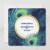 ピーコックフェザーネイビーブルー結婚金ゴールド 招待状 (正面)