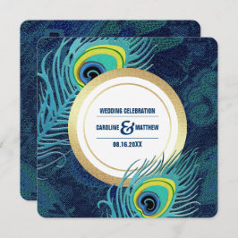 ピーコックフェザーネイビーブルー結婚金ゴールド 招待状