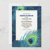 ピーコックフェザーネイビーブルー結婚金ゴールド 招待状 (正面)