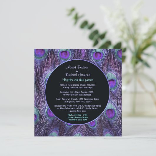 ピーコックフェザーパープルドラマ結婚式招待状 招待状 (スタンド正面)