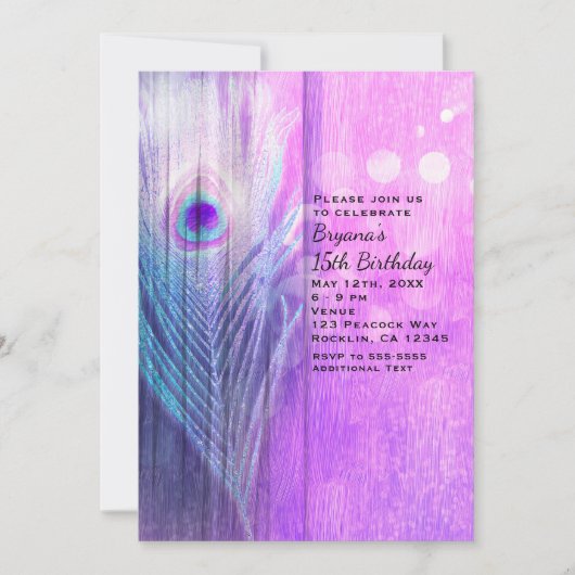 ピーコックフェザーピンク&ブルーボホパーティの招待状 招待状 (正面)