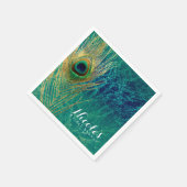 ピーコックフェザーブルーティール（緑がかった色）金ゴールドエキゾチックカスタムパーティー スタンダードカクテルナプキン (角)
