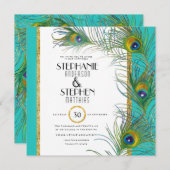 ピーコックフェザーモダンアールデコ結婚タイポグラフィ 招待状 (正面/裏面)