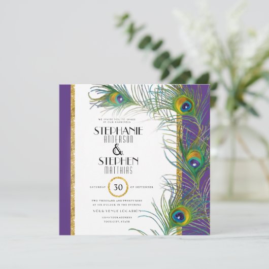 ピーコックフェザーモダンタイポグラフィインディアンウェディング 招待状 (スタンド正面)