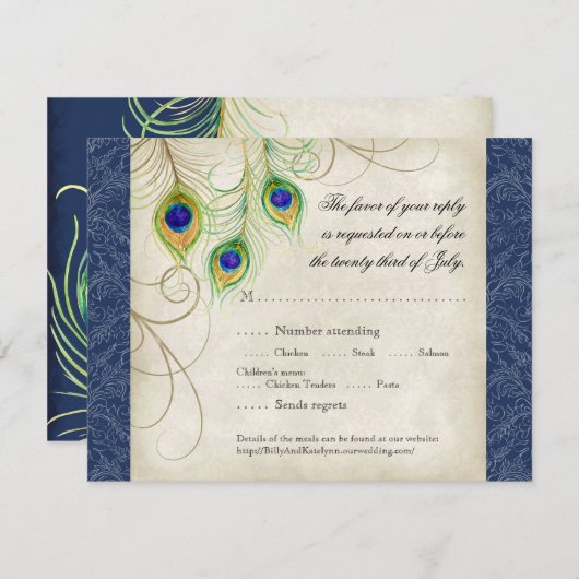 ピーコックフェザー王室のズブルー結婚式招待状 招待状 (正面/裏面)