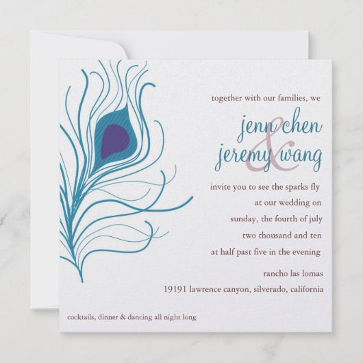 ピーコックフェザー結婚ズのナス&ターコイズ 招待状 (正面)