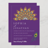 ピーコックフェザー結婚パープルズモダンシック 招待状 (正面/裏面)