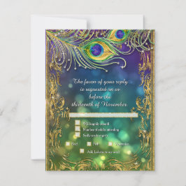 ピーコックフェザー金ゴールド結婚グリッターのメニューRSVP 出欠カード