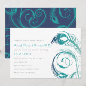 ピーコックフェザー-ティール（緑がかった色）と海軍の招待状 招待状 (正面/裏面)