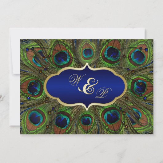 ピーコックフェザー、ビーズ結婚式招待状 – 青 招待状 (正面)